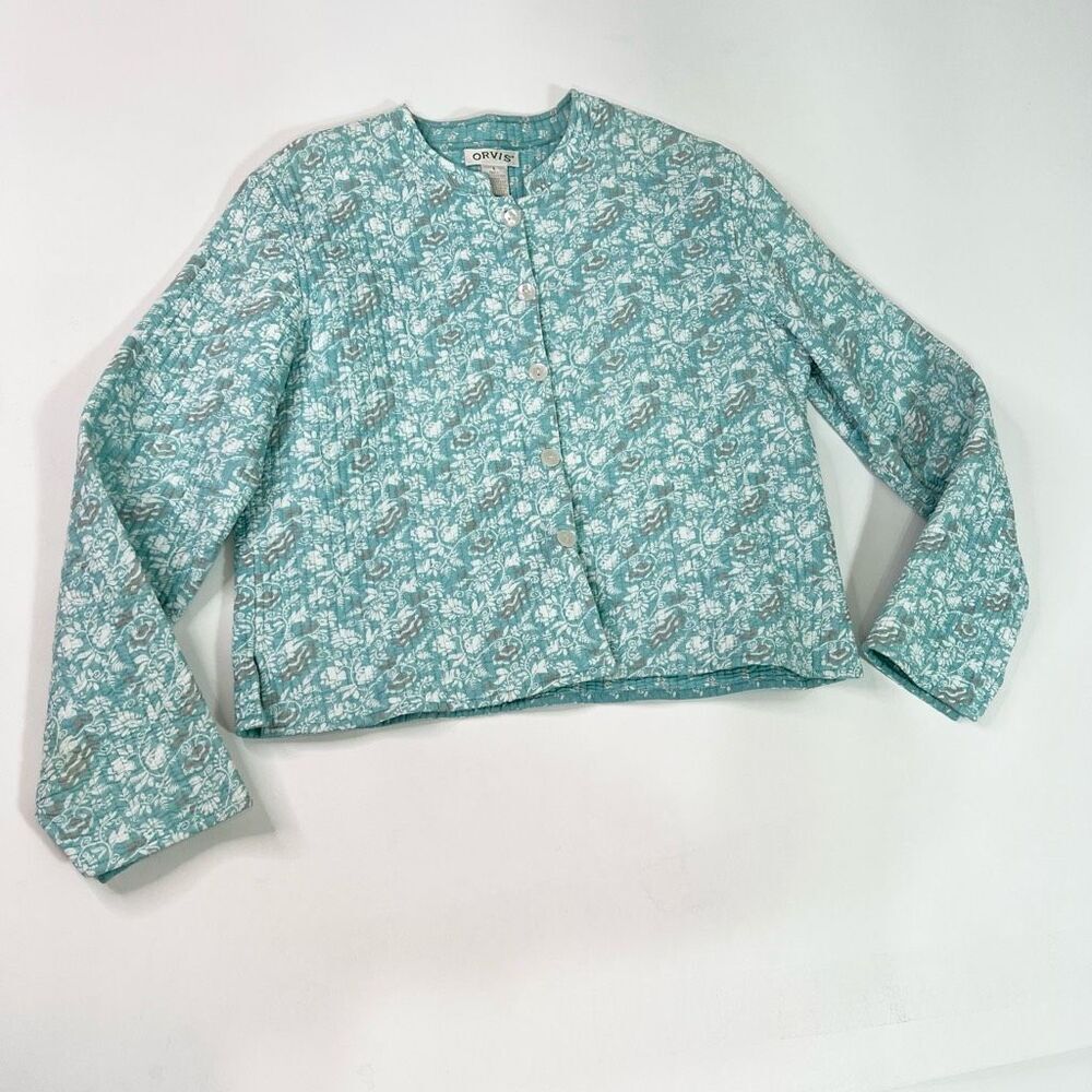 Orvis Jacket Women Large Quilted Pearl Button Front Blue Green Floral Grandma